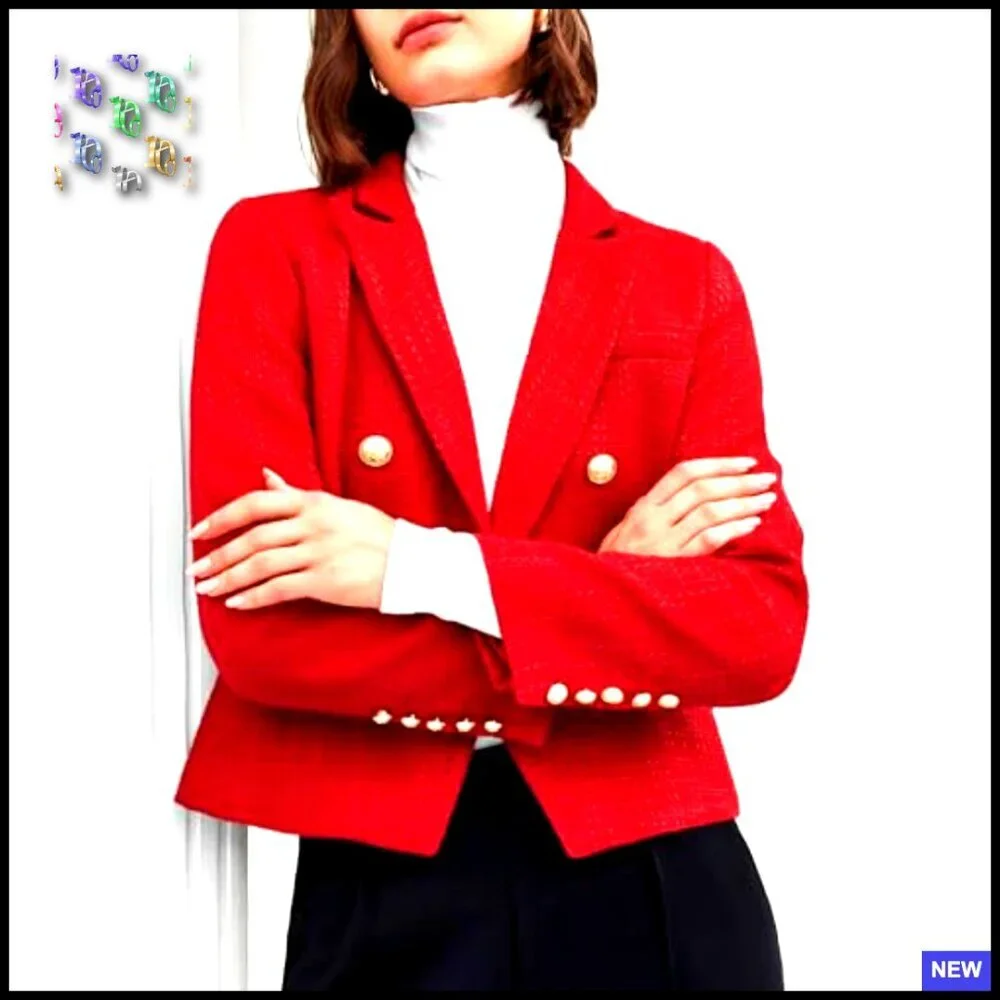 Cropped Tweed Blazer Long Sleeve Lapel Open Front Pockets Professional Chic - Picture 2 of 5